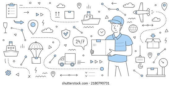 Delivery service doodle concept. Mailman with parcel in hands and shipping icons around. Express transportation, logistics by airplane, ship, truck commercial company, Linear vector web banner
