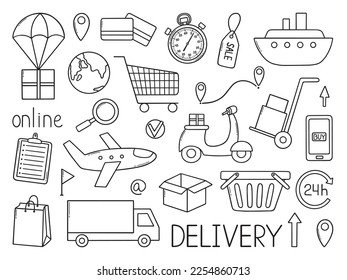 Delivery service doodle set. Online shopping in sketch style.  Hand drawn vector illustration isolated on white background.