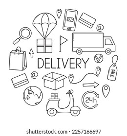 Delivery service doodle set. Online shopping in sketch style.  Hand drawn vector illustration isolated on white background.