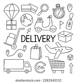 Delivery service doodle set. Online shopping in sketch style.  Hand drawn vector illustration isolated on white background.