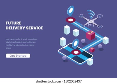 delivery service with drone for automated future technology in isometric illustration style