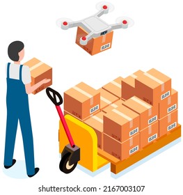Delivery service with drone, shipping parcel package with drone from warehouse, modern delivery service technology, shipping logistic with quadcopter. Flying apparatus cary package parcel from storage
