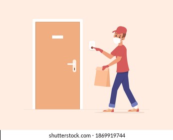 Delivery Service During Pandemic concept. Delivery man wearing red cap and shirt delivering a package at the door vector flat illustration