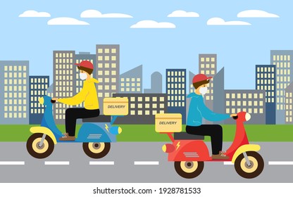 Delivery service E-commerce concept by scooter courier. Flat City panorama vector.