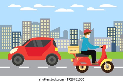 Delivery service E-commerce concept by scooter courier. Flat City panorama vector.