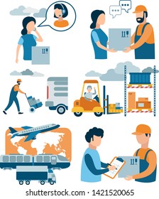 Сoncept for delivery service, e-commerce, online shopping, receiving package from courier to customer. Parcel delivery process. Vector flat illustration.