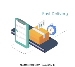 Delivery service and E-Commerce. Package box sealed with tape, clipboard,stopwatch. Isometric illustration delivery concept