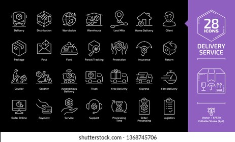 Delivery service editable stroke outline icon set on a black background with fast express package shipping, quick parcel courier, cargo lorry truck and van speed transport, online order line sign.