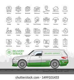 Delivery service editable stroke outline icon set with fast express package shipping, quick courier, cargo truck and van speed transport and online order line symbols.