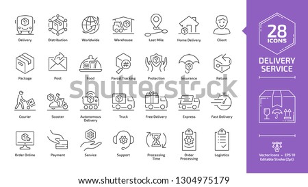 Delivery service editable stroke outline icon set with fast express package shipping, quick courier, cargo truck and van speed transport, parcel warehouse and food export silhouette line sign.