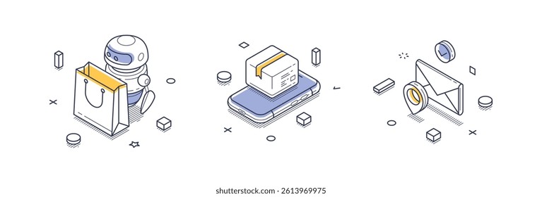 Delivery service elements, including a robot carrying a shopping bag, a parcel on a smartphone, and an envelope symbolizing communication. Isometric line vector illustration