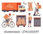 Delivery service elements set design. Collection with cargo truck for distribution or moving, boxes in warehouse, parcel locker, couriers on scooter or bicycle shipping packages. Vector illustration.