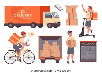 Delivery service elements set design. Collection with cargo truck for distribution or moving, boxes in warehouse, parcel locker, couriers on scooter or bicycle shipping packages. Vector illustration.