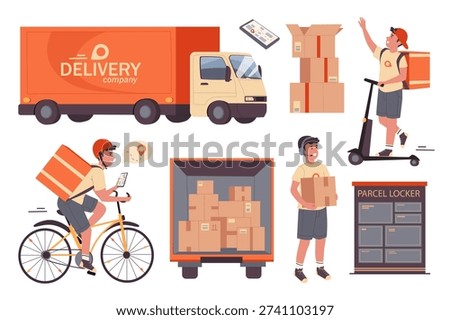 Delivery service elements set design. Collection with cargo truck for distribution or moving, boxes in warehouse, parcel locker, couriers on scooter or bicycle shipping packages. Vector illustration.