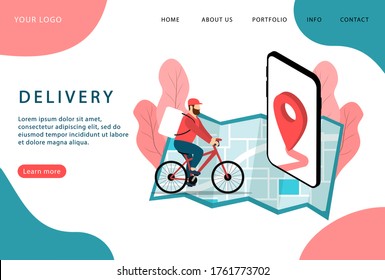 Delivery service. Express delivery. Deliveryman on bicycle. Landing page. Modern web pages.