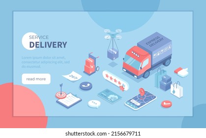 Delivery Service. Express delivery, Online tracking shipping order. Delivery truck, drone, mobile app, parcels. Isometric vector illustration for banner, website.	
