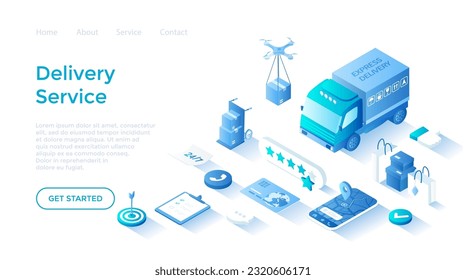 Delivery Service. Express delivery, Online tracking shipping order. Delivery truck, drone, mobile app, parcels. Landing page template for web on white background.	
