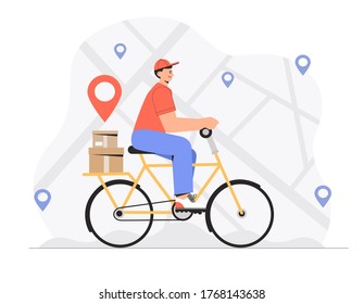 Delivery service, fast and free shipping concept, man rides a yellow scooter with a parcel box on map location background. Flat style vector illustration.