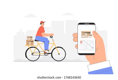 Delivery service, fast and free shipping concept. Man rides a yellow bicycle with a parcel box, hand holding phone with tracking courier's location. Flat style vector Illustration.