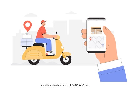 Delivery service, fast and free shipping concept. Man rides a yellow scooter with a parcel box, hand holding phone with tracking courier's location. Flat style vector Illustration.