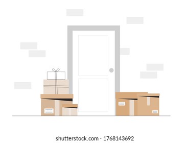 Delivery service, fast and free shipping. Courier left the delivery box at the door of the house. Flat style vector illustration.