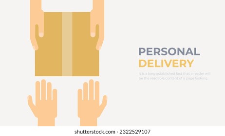 Concepto plano de servicio de entrega. Transferencia de paquetes, recepción, envío rápido y fiable. Manos con la caja de entrega. Ilustración de la pancarta del vector.
