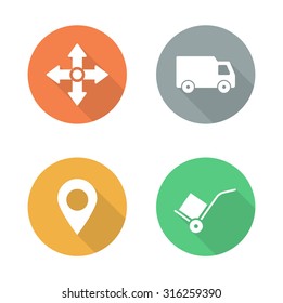 Delivery service flat design icons set. Logistics storehouse color signs. Package transportation long shadow symbols. Cargo vehicle and hand truck silhouette labels. Vector infographics elements  