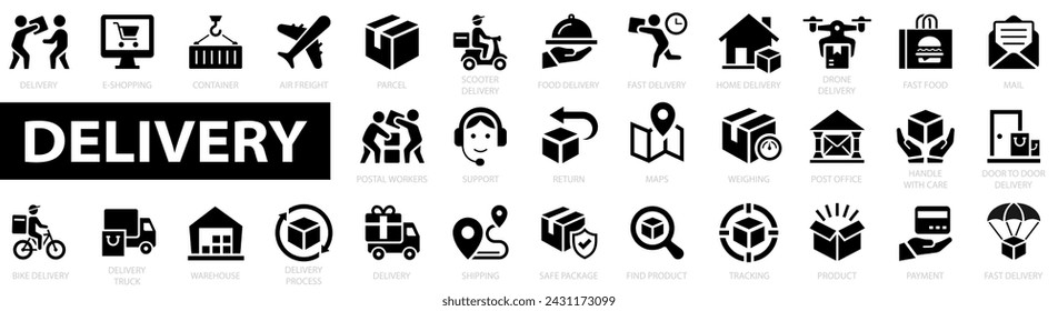 Conjunto de iconos planos del servicio de entrega. Iconos de envío Seguimiento, entrega a casa, almacén, camión, scooter, bicicleta, drone y más. Símbolo de envío. Ilustración vectorial.