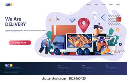 Delivery service flat landing page template. Express delivery service, fast global and local shipping web banner. Online ordering, delivery at home 3d composition. Web page vector illustration.