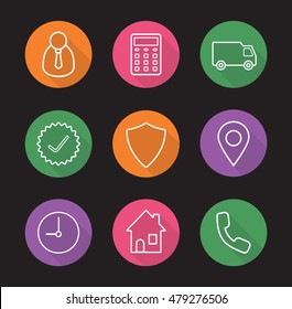 Delivery service flat linear long shadow icons set. Manager, calculator, transportation truck, approved sign, shield, pinpoint, clock, house, handset. Vector line symbols