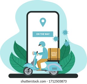delivery service flat vector illustration. man riding blue scooter delivering parcel chased by corona virus concept.