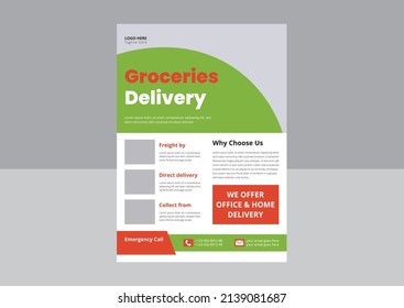 Volante de Servicio de Entrega, Volante de Entrega Rápida, Entregamos el Volante de Correo, Diseño de folleto del folleto de entrega de productos básicos.