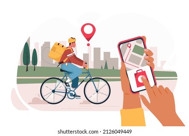 Delivery Service. Food delivery app on a smartphone tracking. 
Bike delivery service concept, courier riding bicycle with delivery box, hand holding smartphone with location  flat vector illustration