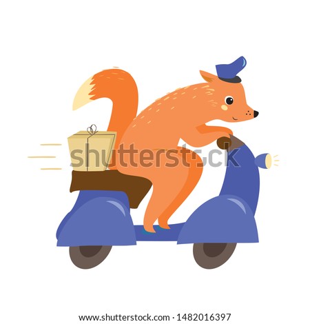 delivery service. fox on a moped with a parcel. postman