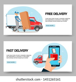 Delivery service free and fast background set of banners vector illustration. Man holding cart with box. Delivering packages. Male character standing near big truck or car.
