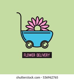 Delivery service of fresh flowers. Vector Daisy in truck. Icon, logo of flowers shop
