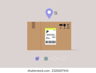 Delivery service, a geo tag hovering above a cardboard box, a progress bar placed under