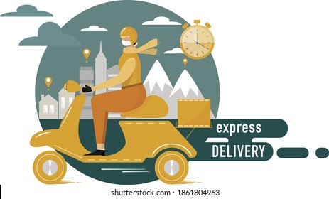 Delivery service. Girl Courier in protective masks on a motorcycle deliver goods and food to people in quarantine.