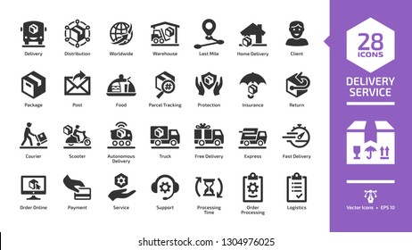 Delivery service glyph icon set with fast express package shipping, quick courier, cargo truck and van speed transport, online order and free box shipment silhouette symbols.