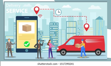 Delivery service. Service delivery of goods. A group of mini people order goods through a mobile phone. Delivery of goods against the backdrop of the urban landscape. Vector illustration, vector.