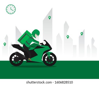 Delivery service, Grab food. Transportation order. Food online. Fast delivery concept. Motorcycle delivery. Motorbike