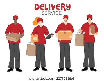 Delivery service. Group of diversity people in red uniform from courier delivery services holding packages and parcels. Vector illustration