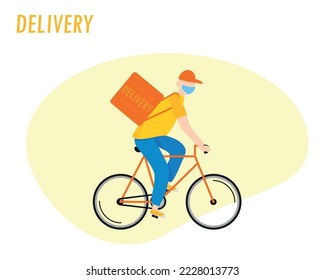 Delivery service, delivery home and office, bicycle courier, delivery man in respiratory mask	

