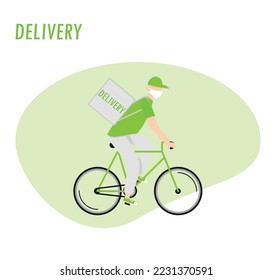 Delivery service, delivery home and office, bicycle courier, delivery man in respiratory mask	