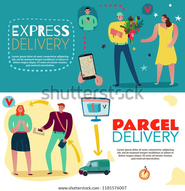 Delivery service horizontal\
banners set with express delivery symbols flat isolated vector\
illustration
