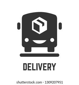 Delivery service icon with fast cargo van and package box glyph symbols. 