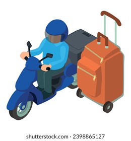 Delivery service icon isometric vector. Man moto delivery courier and suitcase. Fast delivery service