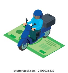 Delivery service icon isometric vector. Moto delivery courier on big dollar bill. Fast shipping concept