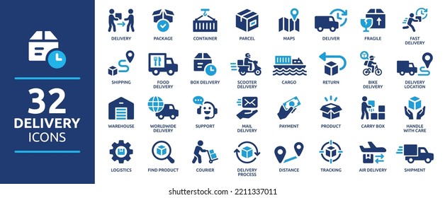 Delivery service icon set. Containing order tracking, delivery home, warehouse, truck, scooter, courier and cargo icons. Shipping symbol. Solid icons vector collection.