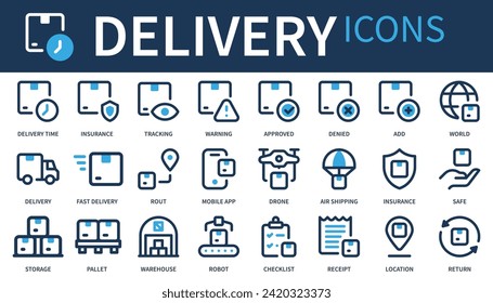 Delivery service icon set. Containing order tracking, delivery home, warehouse, truck, scooter, courier and cargo icons. Shipping symbol. Solid icons vector collection.